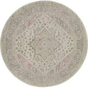 Photo of 5' Ivory Pink And Gray Floral Medallion Distressed Round Rug