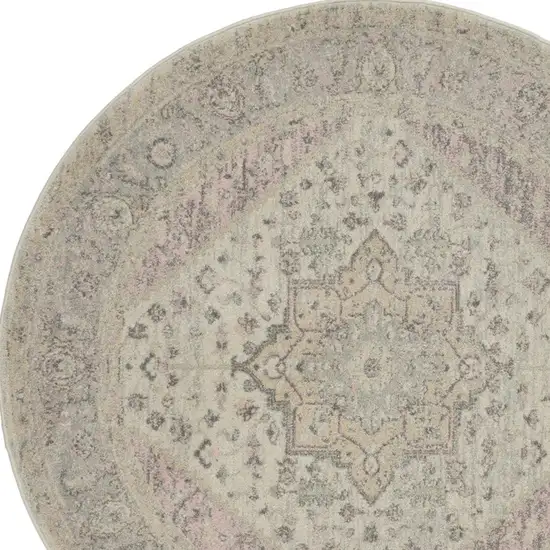 5' Ivory Pink And Gray Floral Medallion Distressed Round Rug Photo 6