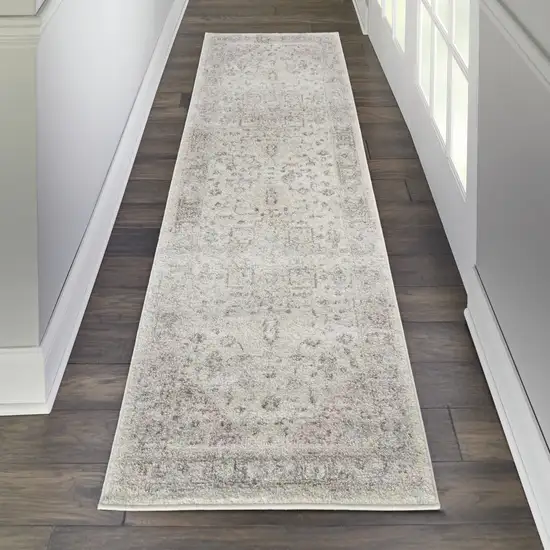 7' Ivory Pink And Gray Floral Medallion Distressed Runner Rug Photo 7