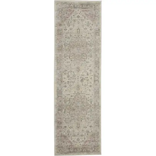 7' Ivory Pink And Gray Floral Medallion Distressed Runner Rug Photo 2