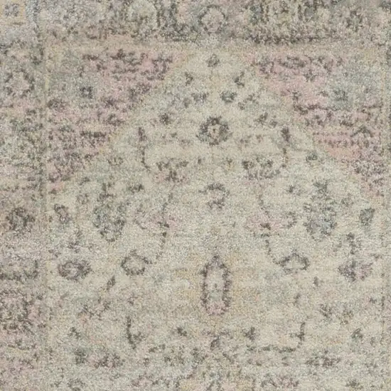 7' Ivory Pink And Gray Floral Medallion Distressed Runner Rug Photo 5