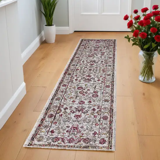 Pink and Ivory Floral Runner Rug Photo 1