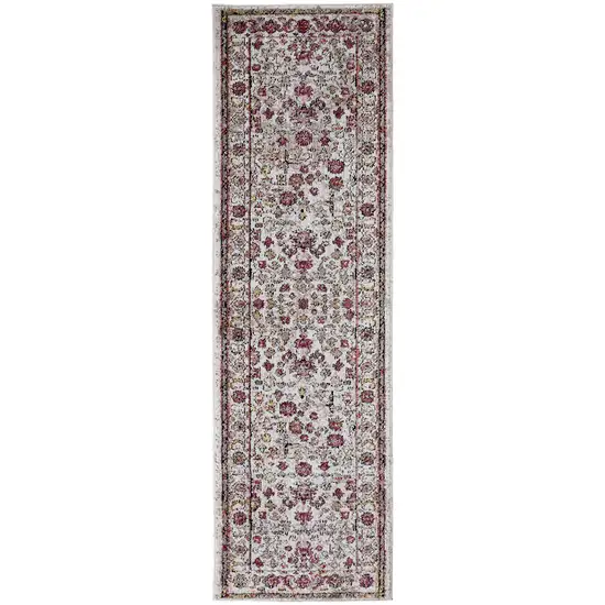 8' Ivory Pink And Gray Floral Stain Resistant Runner Rug Photo 1