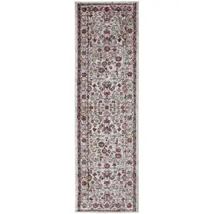 Photo of 8' Ivory Pink And Gray Floral Stain Resistant Runner Rug