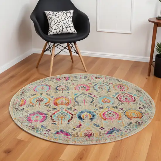 6' Ivory Pink And Orange Floral Distressed Round Rug Photo 1