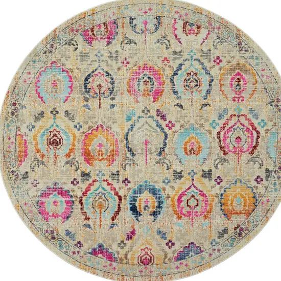 6' Ivory Pink And Orange Floral Distressed Round Rug Photo 8