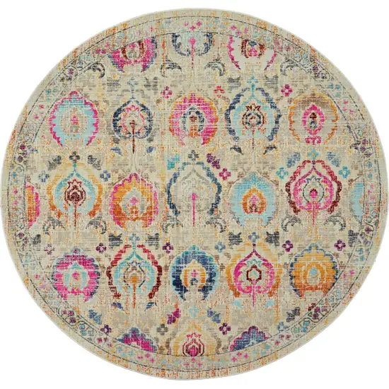 6' Ivory Pink And Orange Floral Distressed Round Rug Photo 2