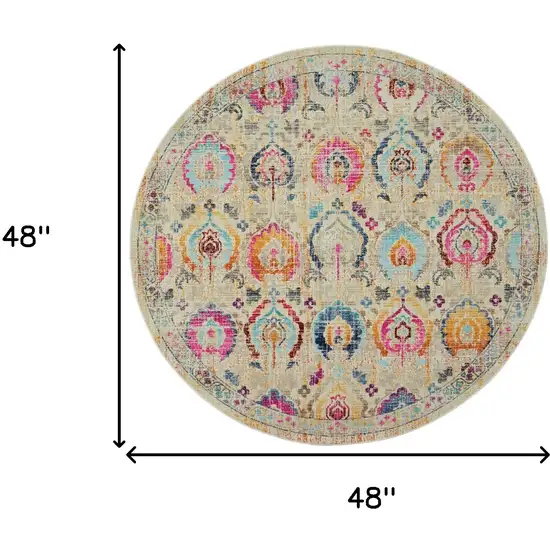 4' Ivory Pink And Orange Floral Distressed Round Rug Photo 3