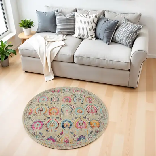 4' Ivory Pink And Orange Floral Distressed Round Rug Photo 1