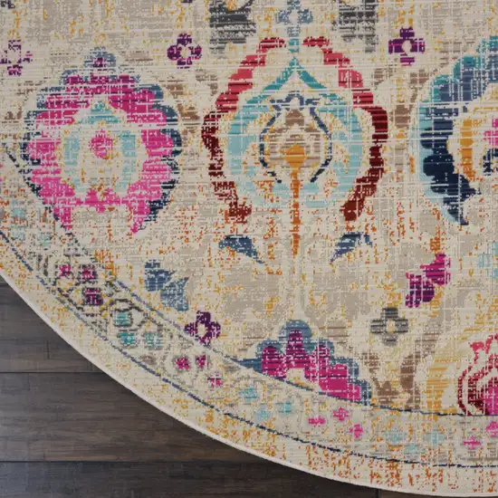 4' Ivory Pink And Orange Floral Distressed Round Rug Photo 4