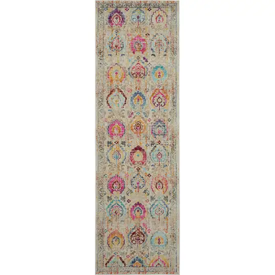 8' Ivory Pink And Orange Floral Distressed Runner Rug Photo 2