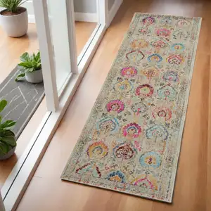 Photo of 6' Ivory Pink And Orange Floral Distressed Runner Rug