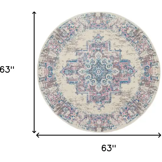 5' Ivory Pink and Blue Medallion Distressed Non Skid Round Rug Photo 3