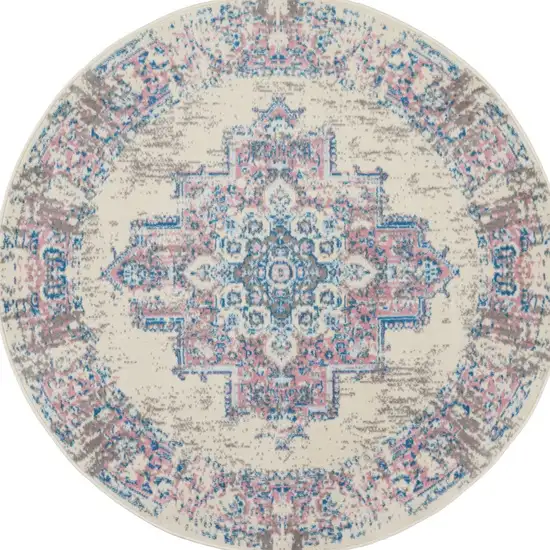 5' Ivory Pink and Blue Medallion Distressed Non Skid Round Rug Photo 8