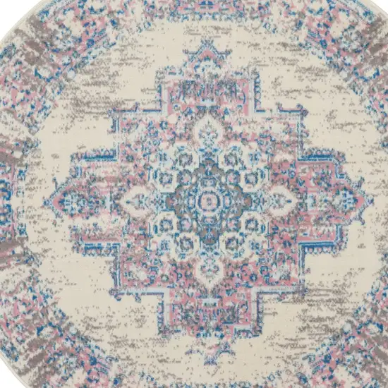 5' Ivory Pink and Blue Medallion Distressed Non Skid Round Rug Photo 7