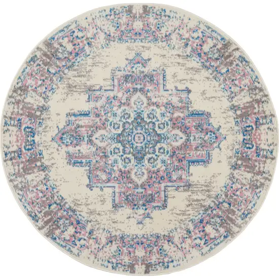 5' Ivory Pink and Blue Medallion Distressed Non Skid Round Rug Photo 2