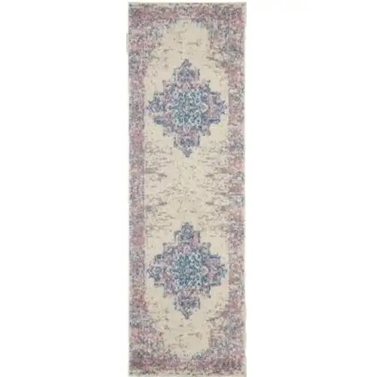 6' Ivory Pink and Blue Medallion Distressed Runner Rug Photo 2