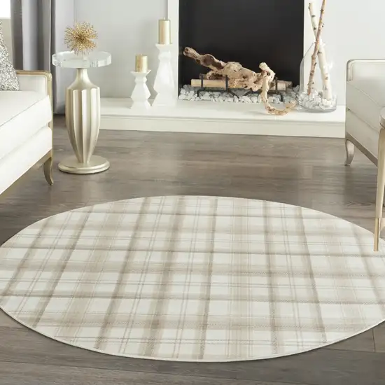 8' Ivory Plaid Power Loom Round Rug Photo 8