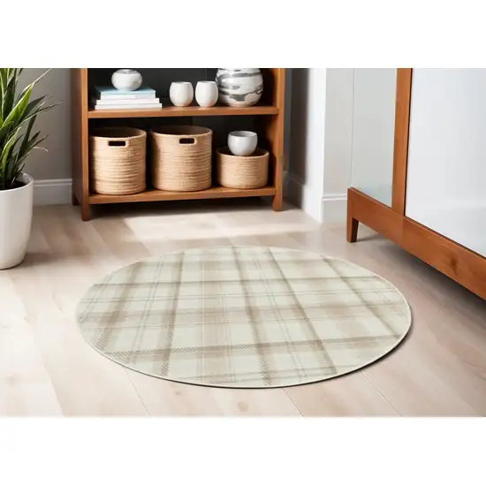 5' Ivory Plaid Power Loom Round Rug Photo 1