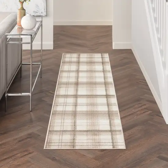 10' Ivory Plaid Power Loom Runner Rug Photo 8