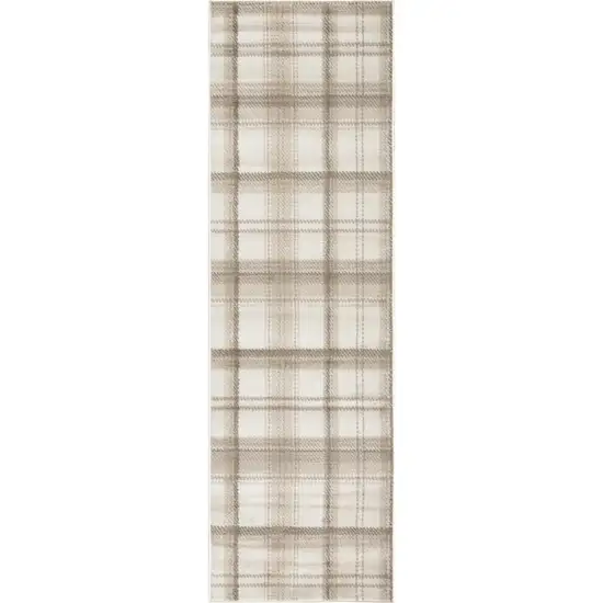 10' Ivory Plaid Power Loom Runner Rug Photo 2