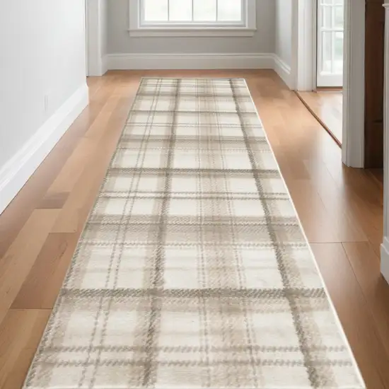 10' Ivory Plaid Power Loom Runner Rug Photo 1