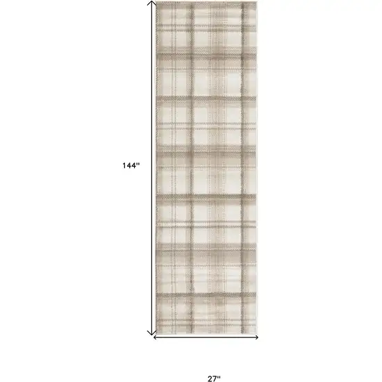 12' Ivory Plaid Power Loom Runner Rug Photo 3