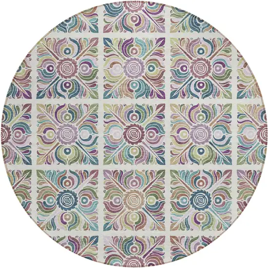 8' Ivory Purple And Teal Blue Round Medallion Washable Indoor Outdoor Area Rug Photo 2