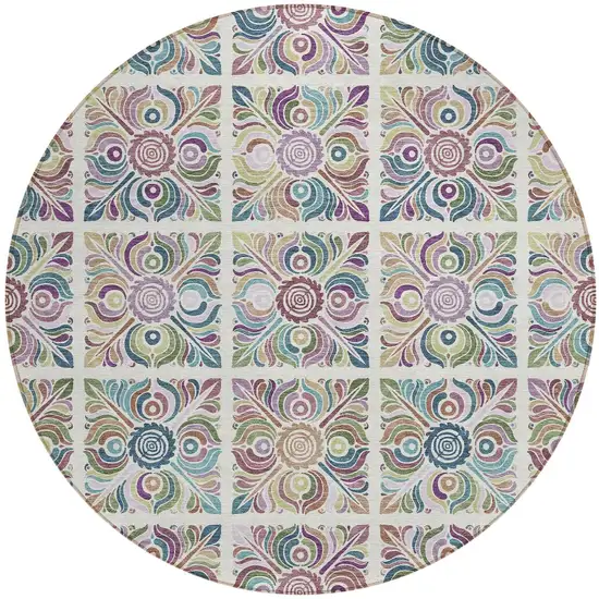 8' Ivory Purple And Teal Blue Round Medallion Washable Indoor Outdoor Area Rug Photo 4