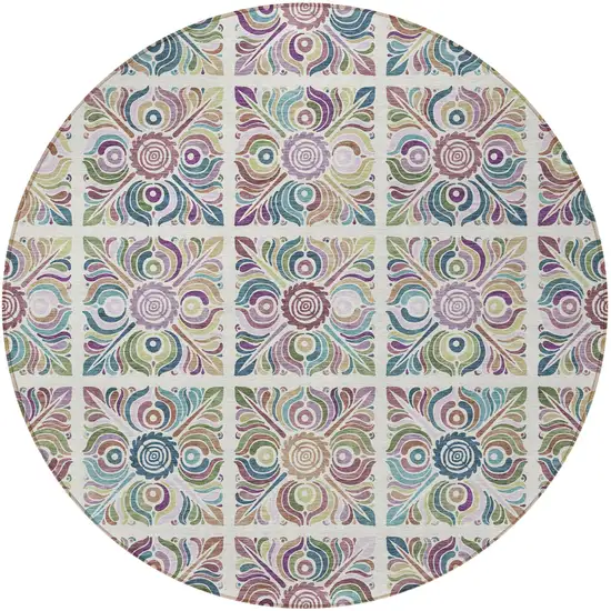 8' Ivory Purple And Teal Blue Round Medallion Washable Indoor Outdoor Area Rug Photo 5