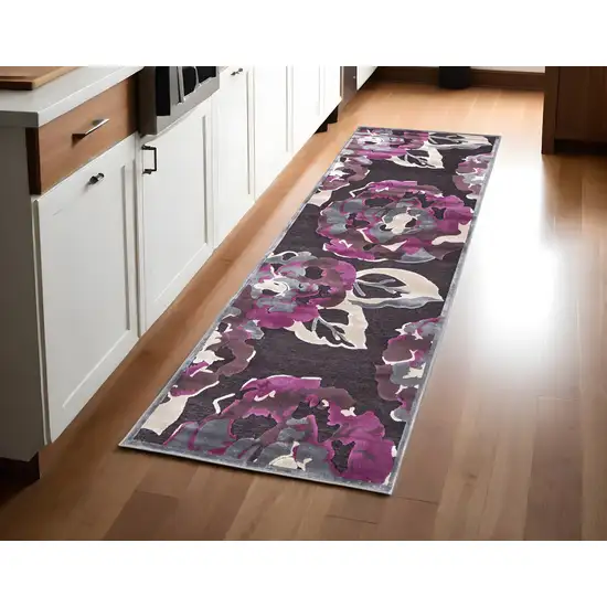 8' Ivory Purple and Taupe Floral Power Loom Runner Rug Photo 1