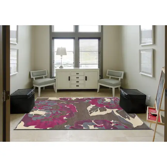 8' Ivory Purple and Taupe Floral Power Loom Runner Rug Photo 5