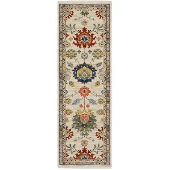 6' Ivory Red And Blue Oriental Runner Rug With Fringe Photo 4