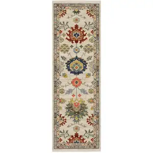 Photo of 6' Ivory Red And Blue Oriental Runner Rug With Fringe