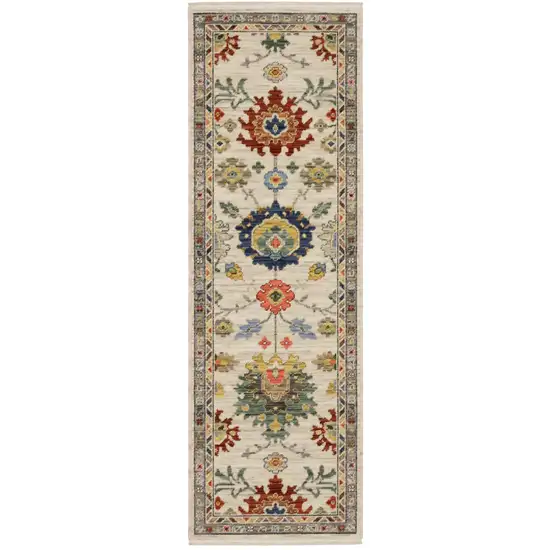 6' Ivory Red And Blue Oriental Runner Rug With Fringe Photo 2