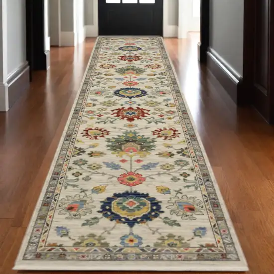 12' Ivory Red And Blue Oriental Runner Rug With Fringe Photo 1