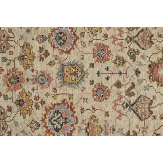 8' Ivory Red And Blue Wool Floral Hand Knotted Stain Resistant Runner Rug Photo 3