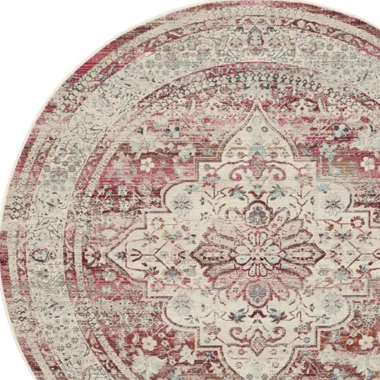 6' Ivory Red And Brown Floral Distressed Round Rug Photo 7