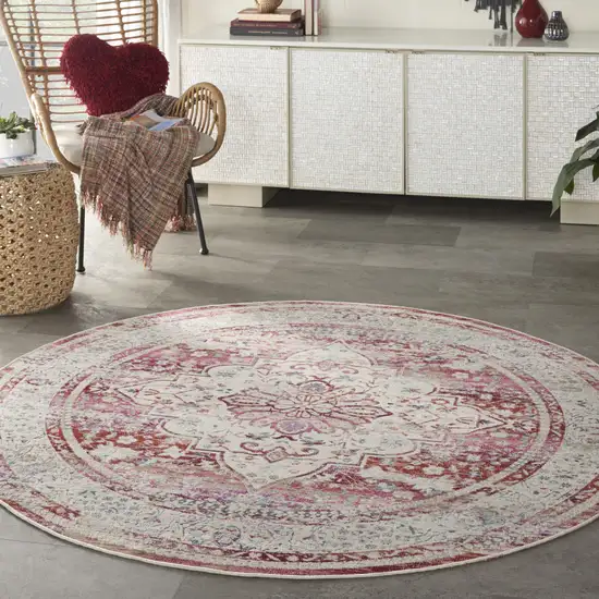 6' Ivory Red And Brown Floral Distressed Round Rug Photo 9