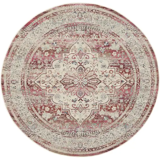 6' Ivory Red And Brown Floral Distressed Round Rug Photo 2