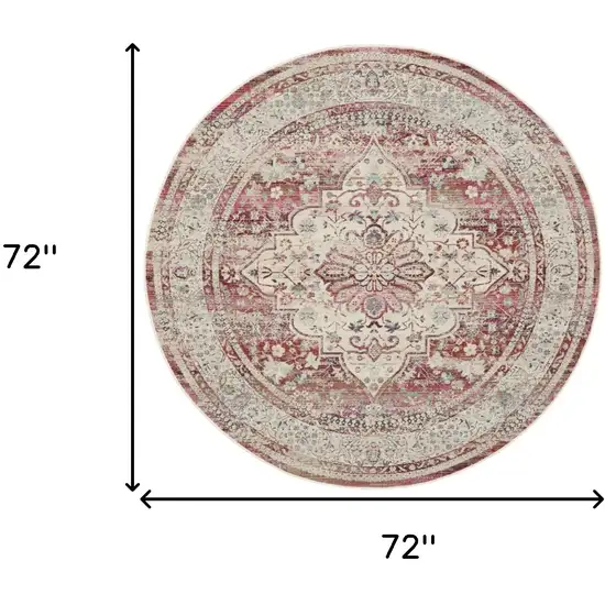 6' Ivory Red And Brown Floral Distressed Round Rug Photo 3