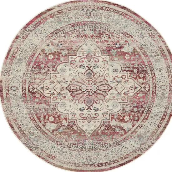 6' Ivory Red And Brown Floral Distressed Round Rug Photo 8