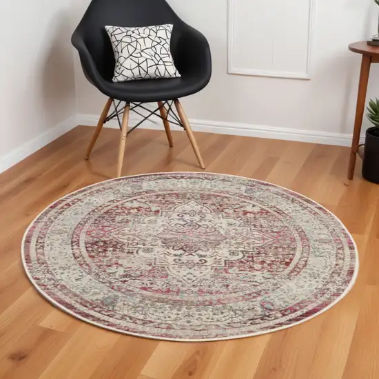 6' Ivory Red And Brown Floral Distressed Round Rug Photo 1