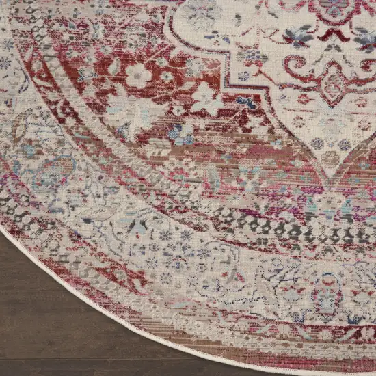 6' Ivory Red And Brown Floral Distressed Round Rug Photo 4