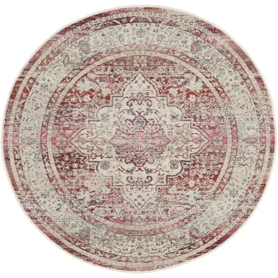 4' Ivory Red And Brown Floral Distressed Round Rug Photo 2