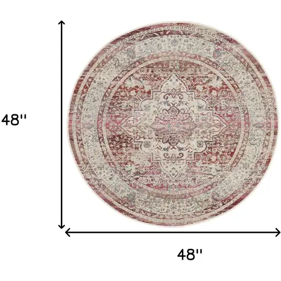 4' Ivory Red And Brown Floral Distressed Round Rug Photo 3