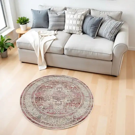 4' Ivory Red And Brown Floral Distressed Round Rug Photo 1