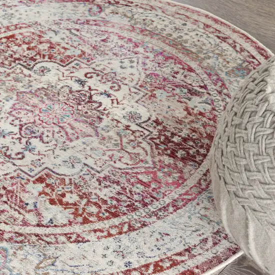 4' Ivory Red And Brown Floral Distressed Round Rug Photo 8