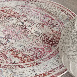 Photo of 4' Ivory Red And Brown Floral Distressed Round Rug