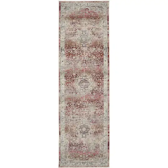 8' Ivory Red And Brown Floral Distressed Runner Rug Photo 2